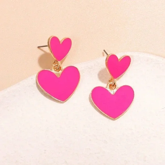 Hot Pink Women's Fashion Heart Drop Earrings - Picture 2 of 3